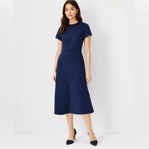 Ann Taylor Short Sleeve Midi Flare Dress Double Knit - Pure Sapphire Navy Blue